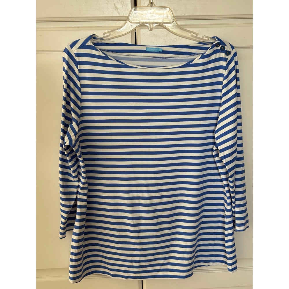 J.McLaughlin Womens Blue White Striped Boat Neck Button Shoulder Top XL